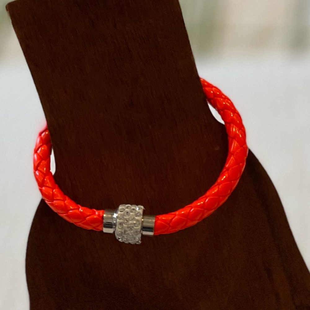 Orange Braided leather bracelet rhinestone stainless steel magnetic closure